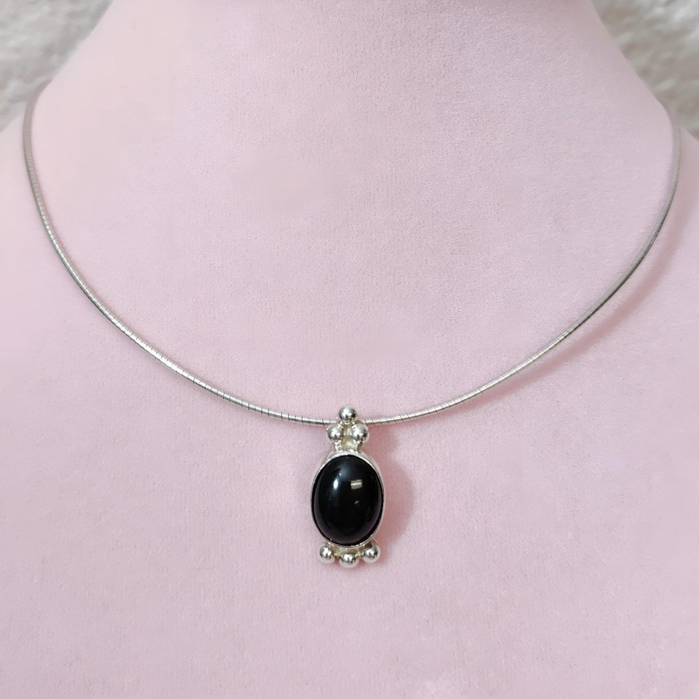 CARSI Taxco Sterling Silver Pebbled Oval Black Onyx Pendant Necklace 16" - Picture 13 of 13